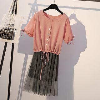 Set: Short-sleeve Blouse + Spaghetti-strap Mesh Dress