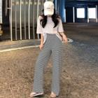 Plain Elbow-sleeve T-shirt / Striped Wide-leg Pants