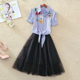 Set: Floral Embroidered Short-sleeve Shirt + Mesh Strappy A-line Dress