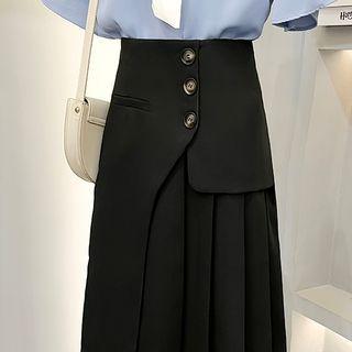 Short-sleeve Tie-neck Blouse / Asymmetrical A-line Skirt