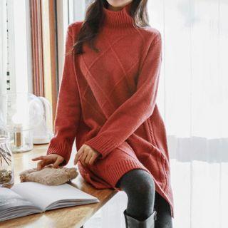 Mock-neck Wool Blend Waffle-knit Dress