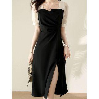 Short-sleeve Panel Slit Midi A-line Dress