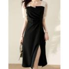 Short-sleeve Panel Slit Midi A-line Dress