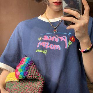 Short Sleeve Contrast-trim Printed T-shirt