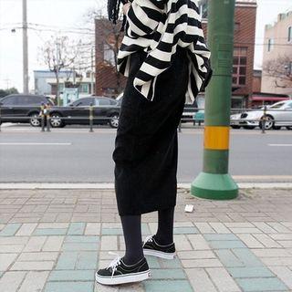 Band-waist Corduroy Midi Skirt Black - One Size