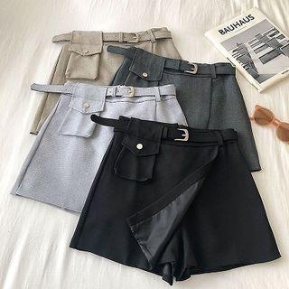 Plain High-waist Faux Leather Skort With Belt