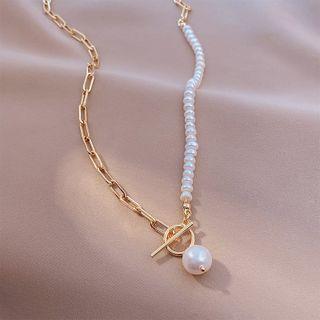Freshwater Pearl Pendant Alloy Necklace Necklace - Freshwater Pearl - Ot Ring - Gold & White - One Size
