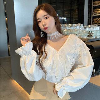 Ruffled Deep V-neck Lace Top With Choker