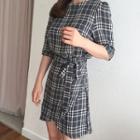 Elbow-sleeve Tie-waist Plaid Dress