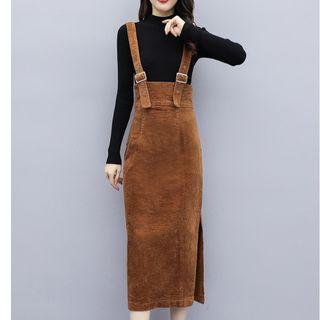Set: Long-sleeve Mock-neck Knit Top + Corduroy Midi Pinafore Dress