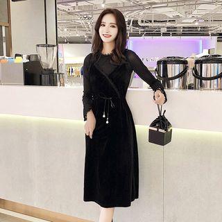 Set: Long-sleeve Mesh Top + Midi Velvet Pinafore Dress
