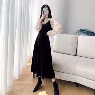 Floral Print Lace Sweatshirt With Strap Long Dress