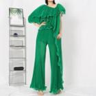 Set: Puff-sleeve Ruffled Blouse + Wide Leg Pants