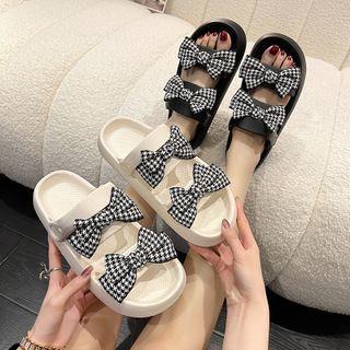 Houndstooth Ribbon Platform Flat Slide Sandals