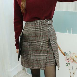 Wool Blend Belted Check Skirt