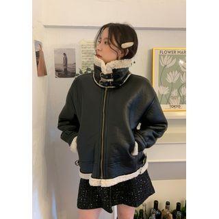 Convertible-neck Zip Faux-shearling Jacket