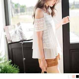 Mock Two Piece Lace Panel Cold Shoulder Top