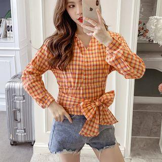 Plaid Tie-waist Cropped Blouse