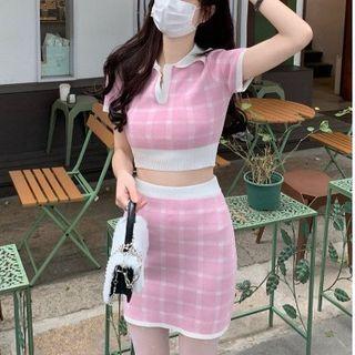 Short-sleeve Plaid Collared Knit Crop Top / Mini Pencil Skirt