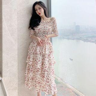 Heart Print Short-sleeve Midi A-line Dress
