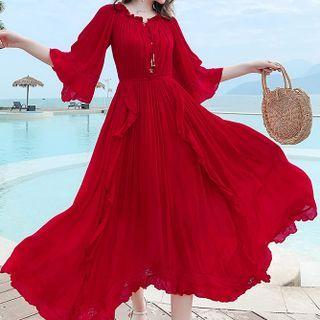 Elbow-sleeve Tie-front Midi A-line Chiffon Dress