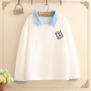 Fish Embroidered Color-block Collar Sweatshirt