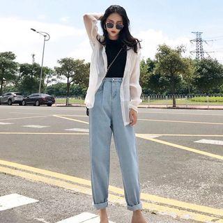 See-through Shirt / Straight-fit Jeans