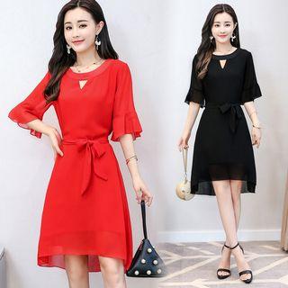 Keyhole Neck Elbow-sleeve Dress