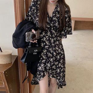 Short-sleeve Floral Midi A-line Dress White Floral - Black - One Size