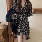 Short-sleeve Floral Midi A-line Dress White Floral - Black - One Size