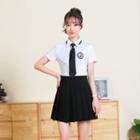 Short-sleeve Badge Applique Shirt / Pleated A-line Skirt / Set