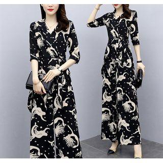 Set: Elbow-sleeve Print Blouse + Wide Leg Pants