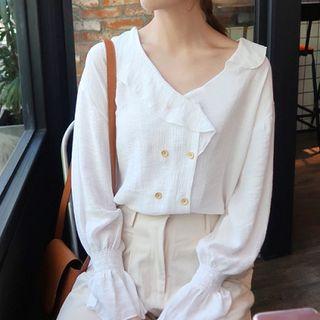 Double Breasted V-neck Blouse White - One Size