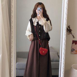 Long-sleeve Blouse / Sweater Vest / Midi A-line Skirt