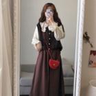 Long-sleeve Blouse / Sweater Vest / Midi A-line Skirt