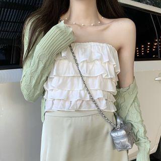 Strapless Ruffle Top / Pointelle Knit Cardigan / Mini Pencil Skirt