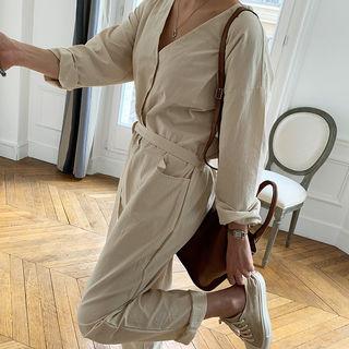 V-neck Shirtwaist Jumpsuit & Sash