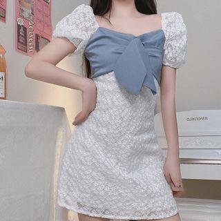 Puff-sleeve Daisy Jacquard A-line Mini Dress