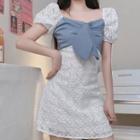 Puff-sleeve Daisy Jacquard A-line Mini Dress