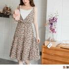 Full Floral V-neck Waist Hugging Spaghetti Strap Dress