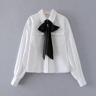 Puff-sleeve Long-sleeved Open-front Pocketed Blouse