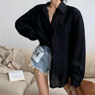 Long-sleeve Plain Shirt / High-waist Lettering Number Denim Shorts
