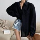 Long-sleeve Plain Shirt / High-waist Lettering Number Denim Shorts