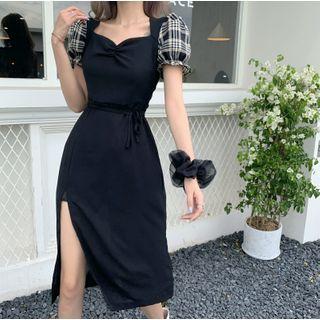 Plaid Panel Puff-sleeve Slit Midi A-line Dress