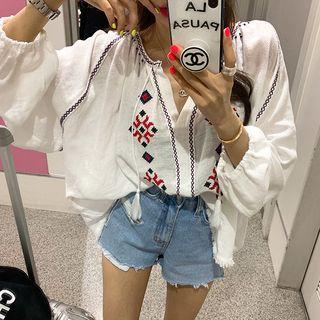 Long-sleeve Embroidered Tunic Top White - One Size
