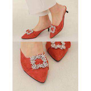 Rhinestone-buckled Low-heel Mules