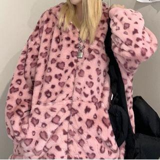 Leopard Print Fleece Oversized Zip Jacket
