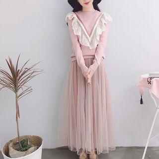 Set: Frill Trim Sweater + Maxi Tulle Skirt