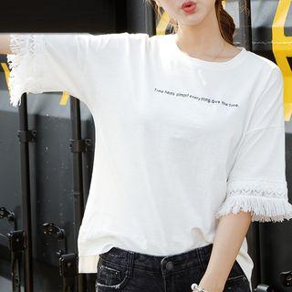 Lettering Fringed Elbow Sleeve T-shirt