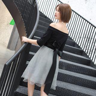 Off-shoulder Elbow-sleeve Mesh A-line Cocktail Dress